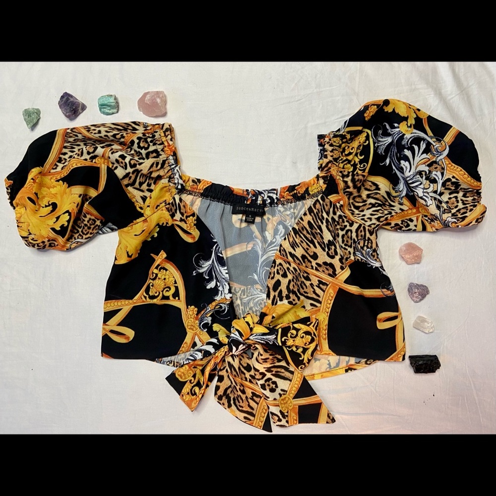 “Versace” Print Tie Front Crop Top